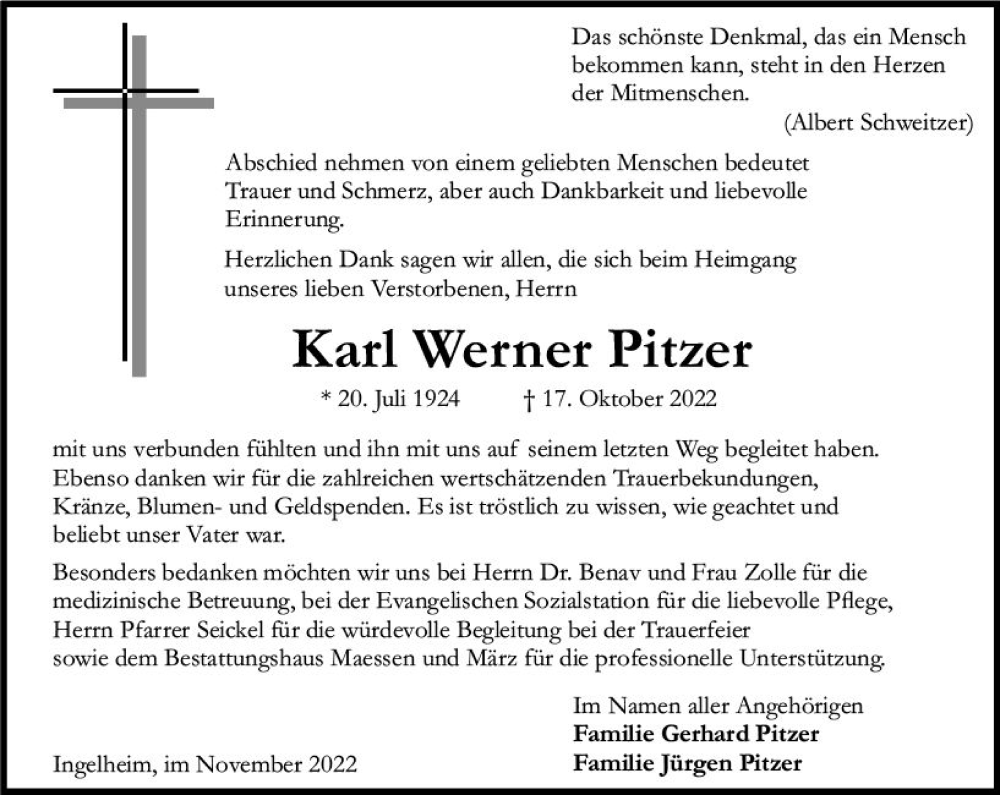  Traueranzeige für Karl Werner Pitzer vom 19.11.2022 aus vrm-trauer Allgemeine  Zeitung Ingelheim-Bingen