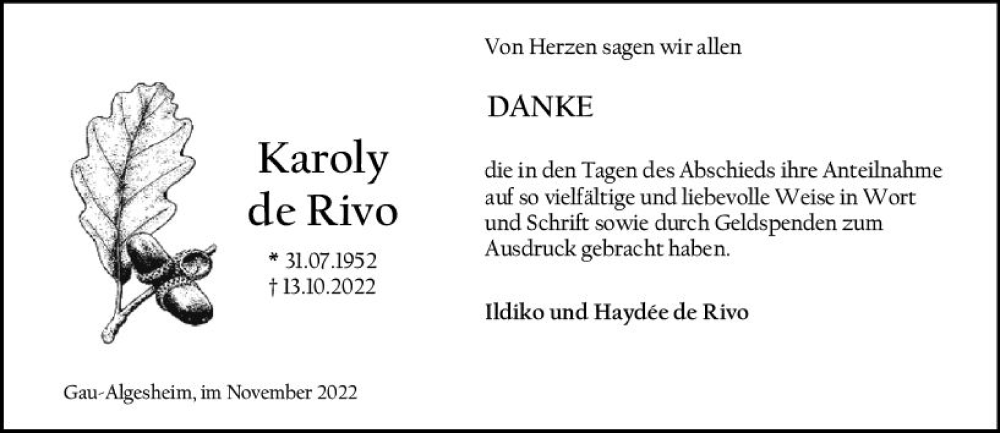  Traueranzeige für Karoly de Rivo vom 19.11.2022 aus vrm-trauer Allgemeine  Zeitung Ingelheim-Bingen