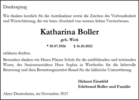 Traueranzeige von Katharina Boller von vrm-trauer Allgemeine Zeitung Alzey