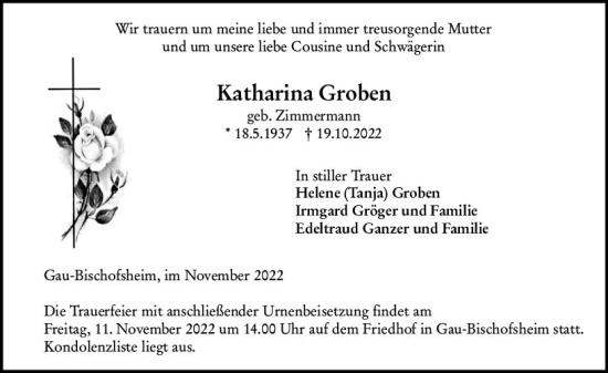 Traueranzeige von Katharina Groben von vrm-trauer AZ Mainz
