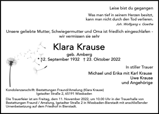 Traueranzeige von Klara Krause von vrm-trauer Wiesbadener Kurier