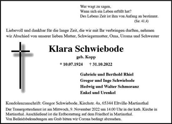 Traueranzeige von Klara Schwiebode von vrm-trauer Wiesbadener Kurier