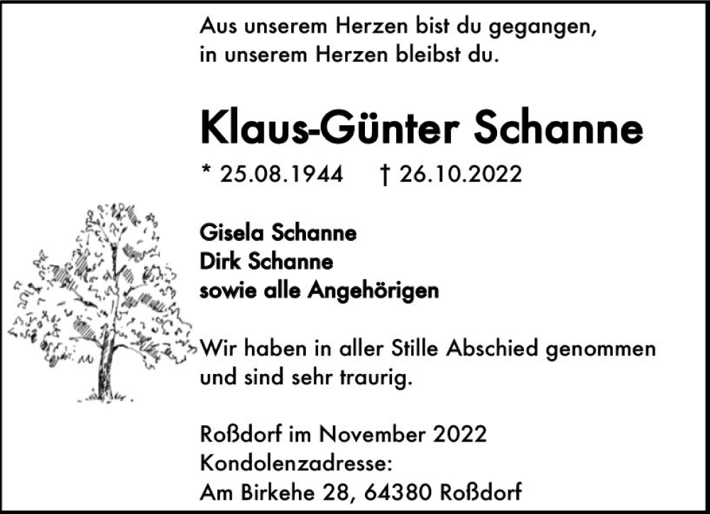  Traueranzeige für Klaus-Günter Schanne vom 12.11.2022 aus vrm-trauer Darmstädter Echo