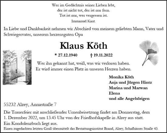 Traueranzeige von Klaus Köth von vrm-trauer AZ Mainz