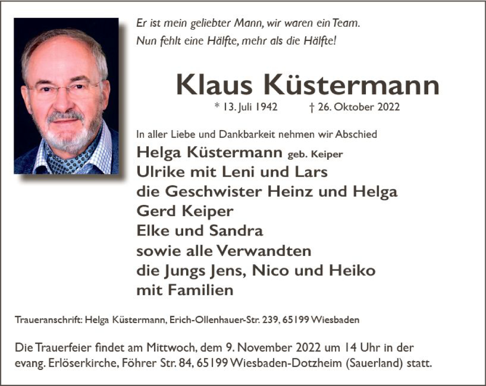  Traueranzeige für Klaus Küstermann vom 05.11.2022 aus vrm-trauer Wiesbadener Kurier