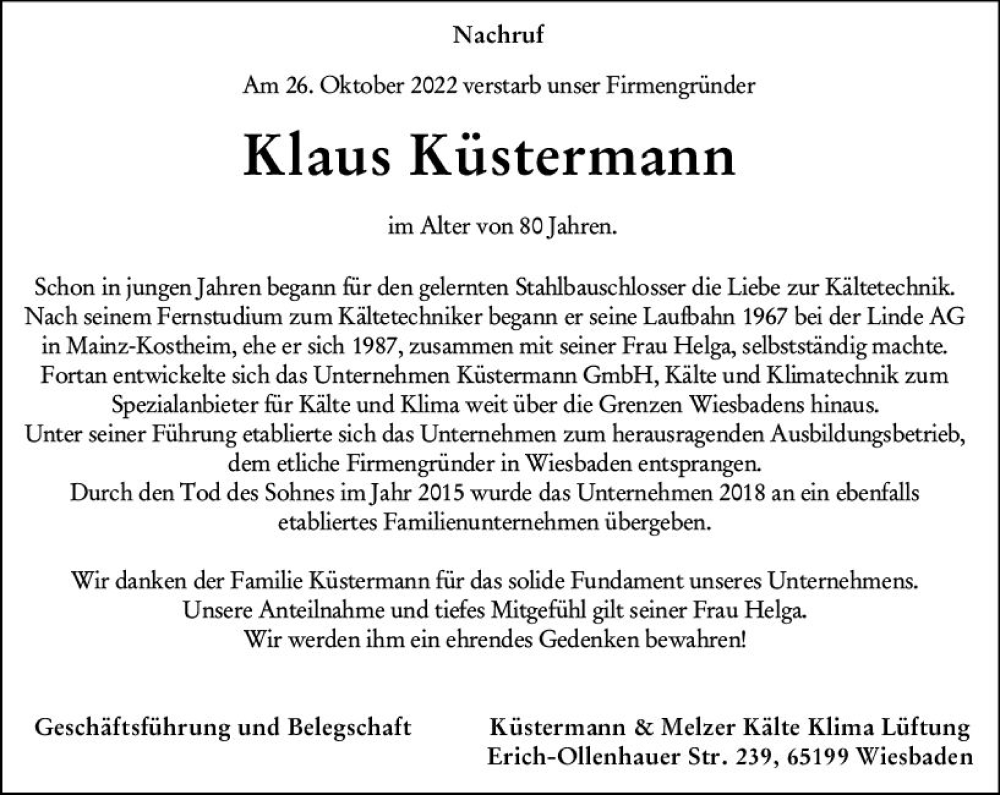  Traueranzeige für Klaus Küstermann vom 05.11.2022 aus vrm-trauer Wiesbadener Kurier