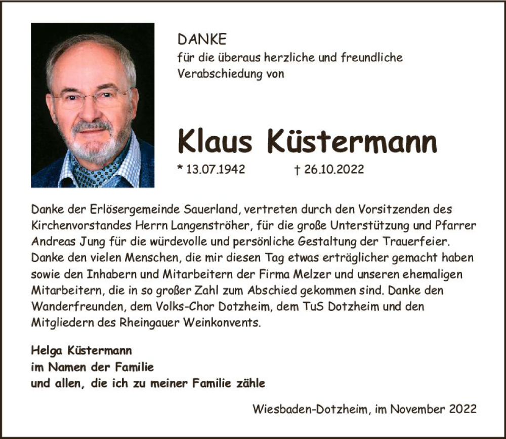  Traueranzeige für Klaus Küstermann vom 26.11.2022 aus vrm-trauer Wiesbadener Kurier