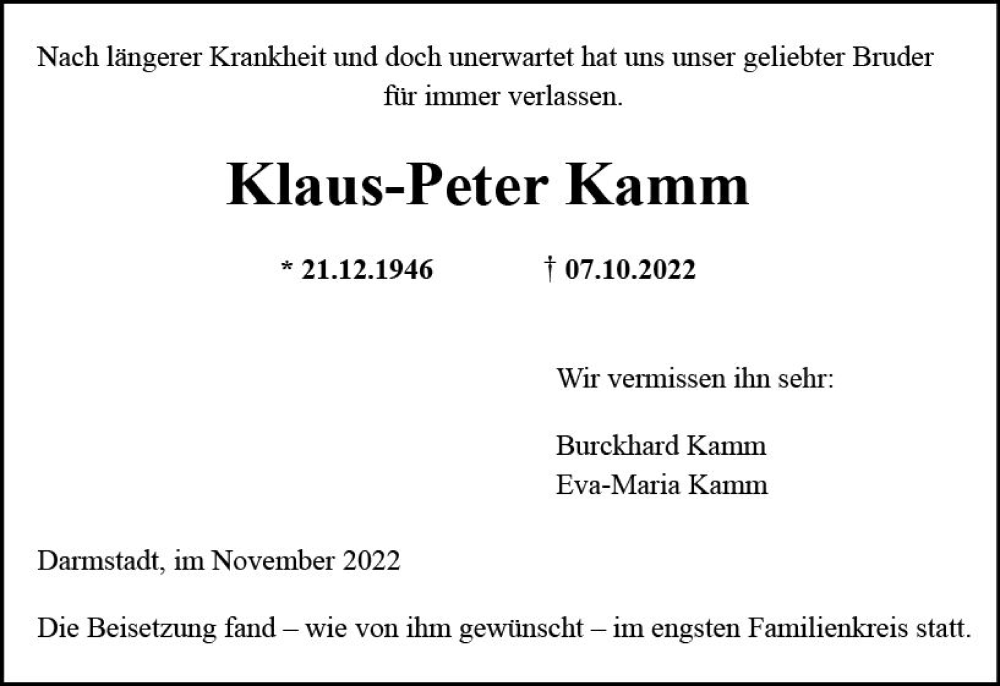  Traueranzeige für Klaus-Peter Kamm vom 19.11.2022 aus vrm-trauer Darmstädter Echo