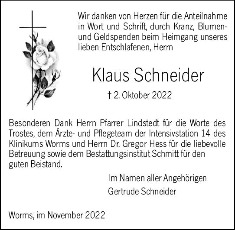  Traueranzeige für Klaus Schneider vom 05.11.2022 aus vrm-trauer Wormser Zeitung