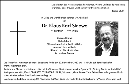 Traueranzeige von Klaus Karl Sinewe von vrm-trauer Wormser Zeitung