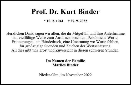 Traueranzeige von Kurt Binder von vrm-trauer AZ Mainz