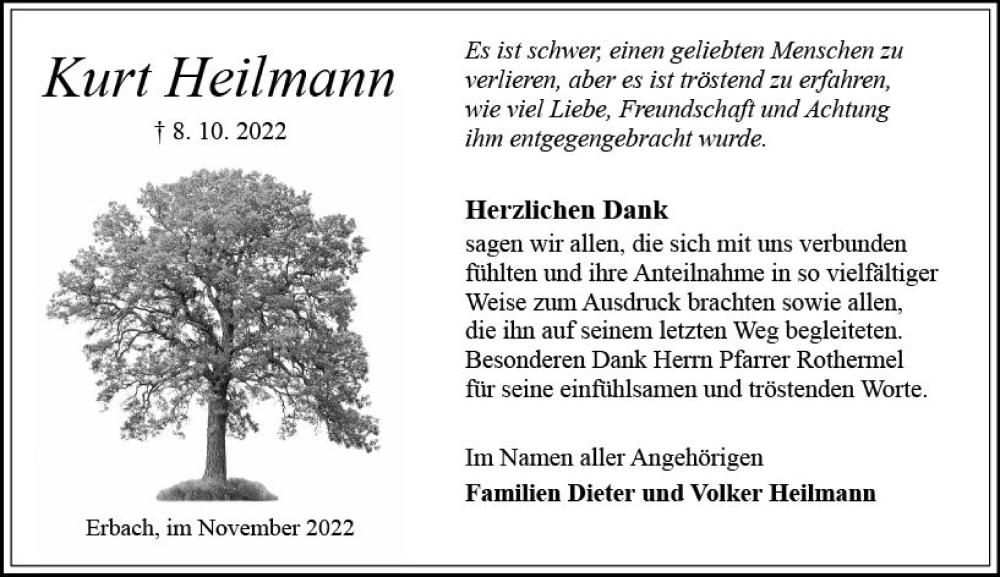  Traueranzeige für Kurt Heilmann vom 05.11.2022 aus vrm-trauer Odenwälder Echo