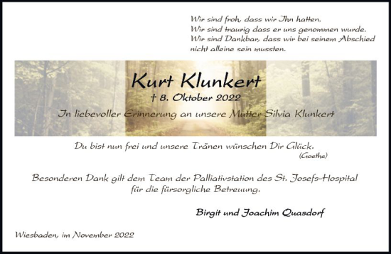 Traueranzeige von Kurt Klunkert von vrm-trauer Wiesbadener Kurier