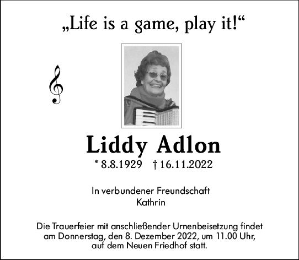  Traueranzeige für Liddy Adlon vom 25.11.2022 aus vrm-trauer Hochheimer Zeitung