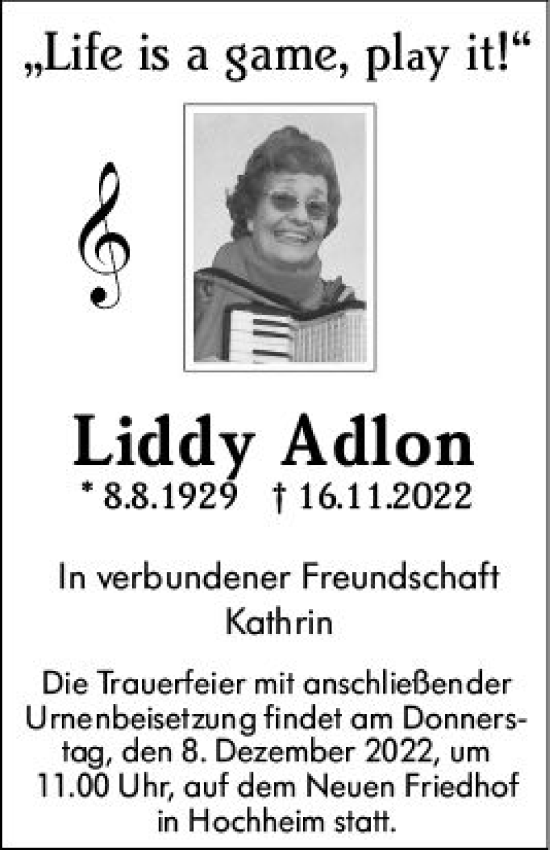 Traueranzeige von Liddy Adlon von vrm-trauer Wiesbadener Kurier
