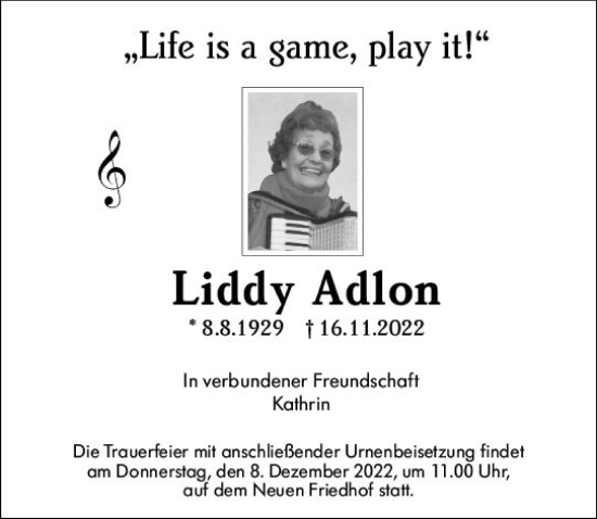 Traueranzeige von Liddy Adlon von vrm-trauer Hochheimer Zeitung