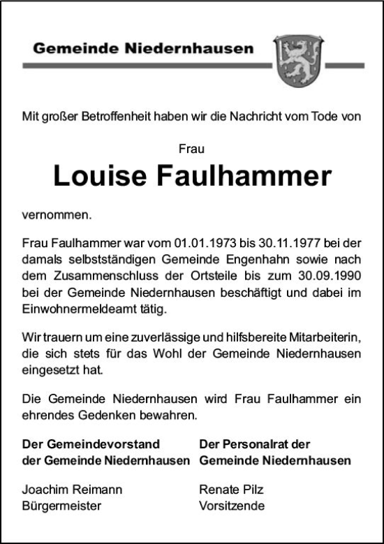 Traueranzeige von Louise Faulhammer von vrm-trauer Idsteiner Zeitung