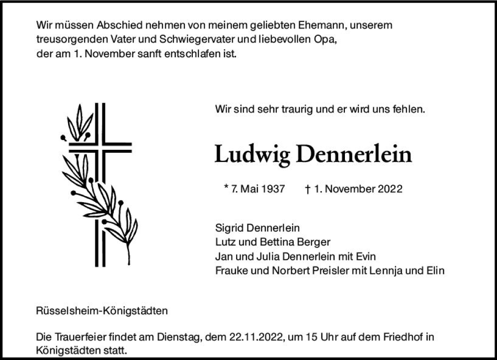 Traueranzeige für Ludwig Dennerlein vom 12.11.2022 aus vrm-trauer Rüsselsheimer Echo / MainSpitze