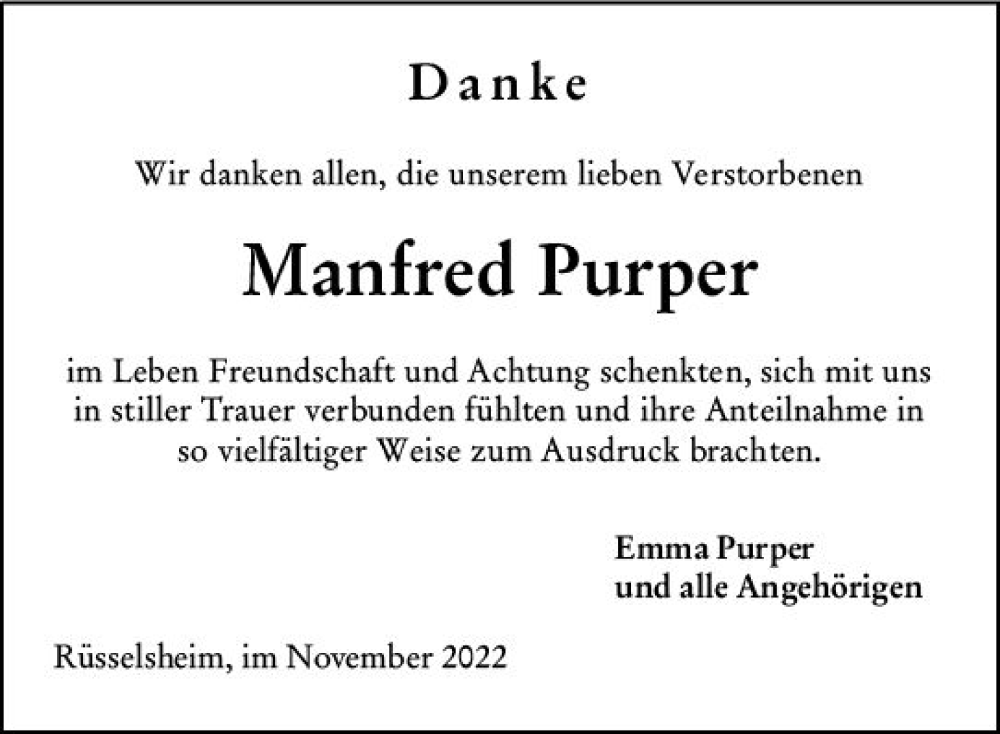  Traueranzeige für Manfred Purper vom 19.11.2022 aus vrm-trauer Rüsselsheimer Echo / MainSpitze