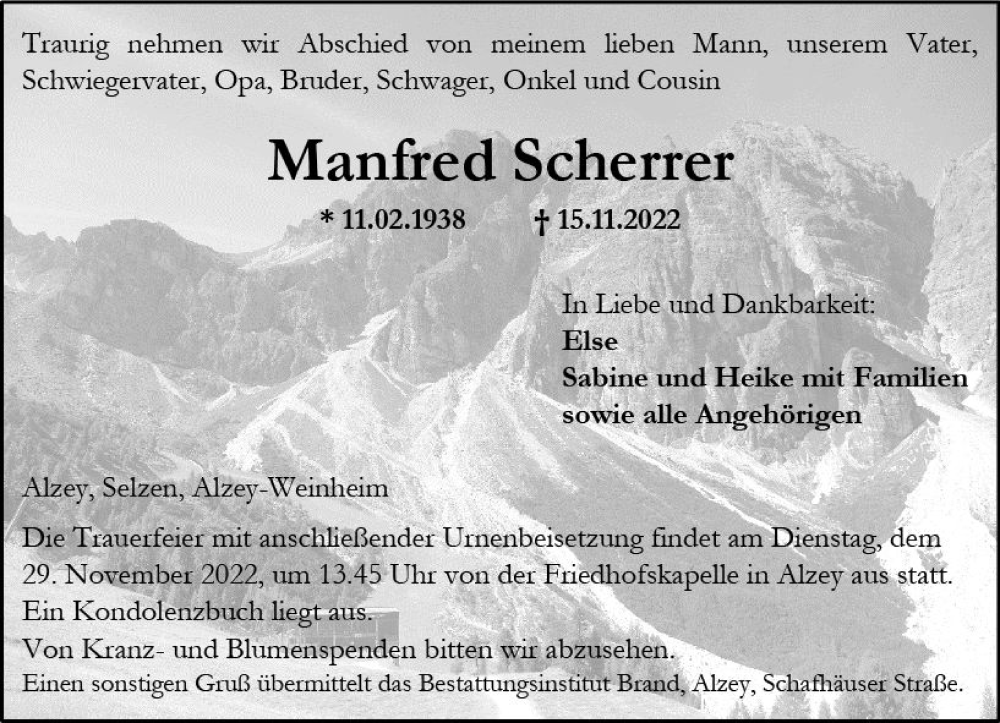  Traueranzeige für Manfred Scherrer vom 19.11.2022 aus vrm-trauer Allgemeine Zeitung Alzey