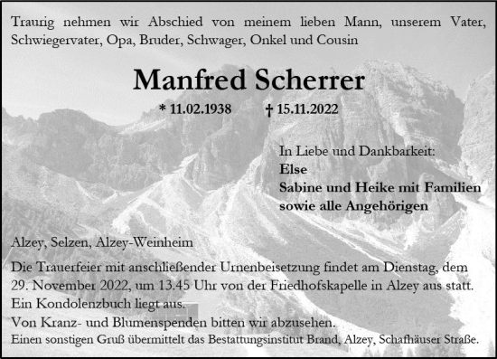 Traueranzeige von Manfred Scherrer von vrm-trauer Allgemeine Zeitung Alzey