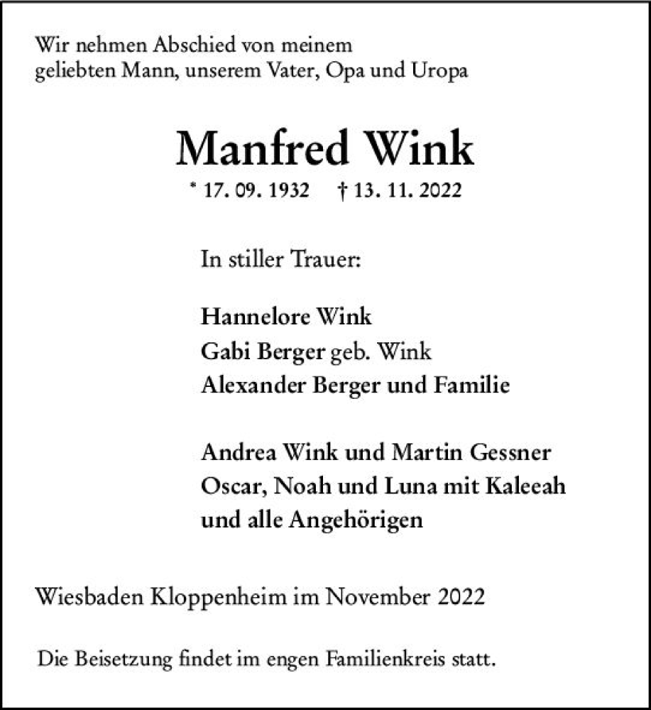  Traueranzeige für Manfred Wink vom 19.11.2022 aus vrm-trauer Wiesbadener Kurier