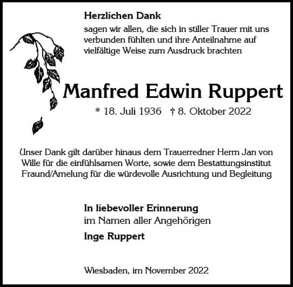  Traueranzeige für Manfred Edwin Ruppert vom 05.11.2022 aus vrm-trauer Wiesbadener Kurier