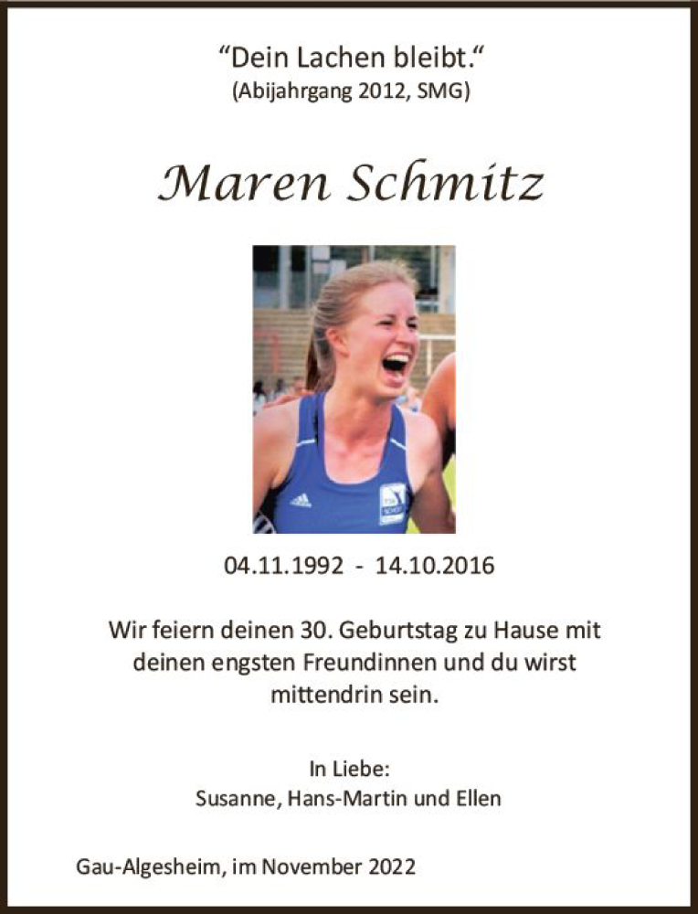  Traueranzeige für Maren Schmitz vom 04.11.2022 aus vrm-trauer Allgemeine  Zeitung Ingelheim-Bingen