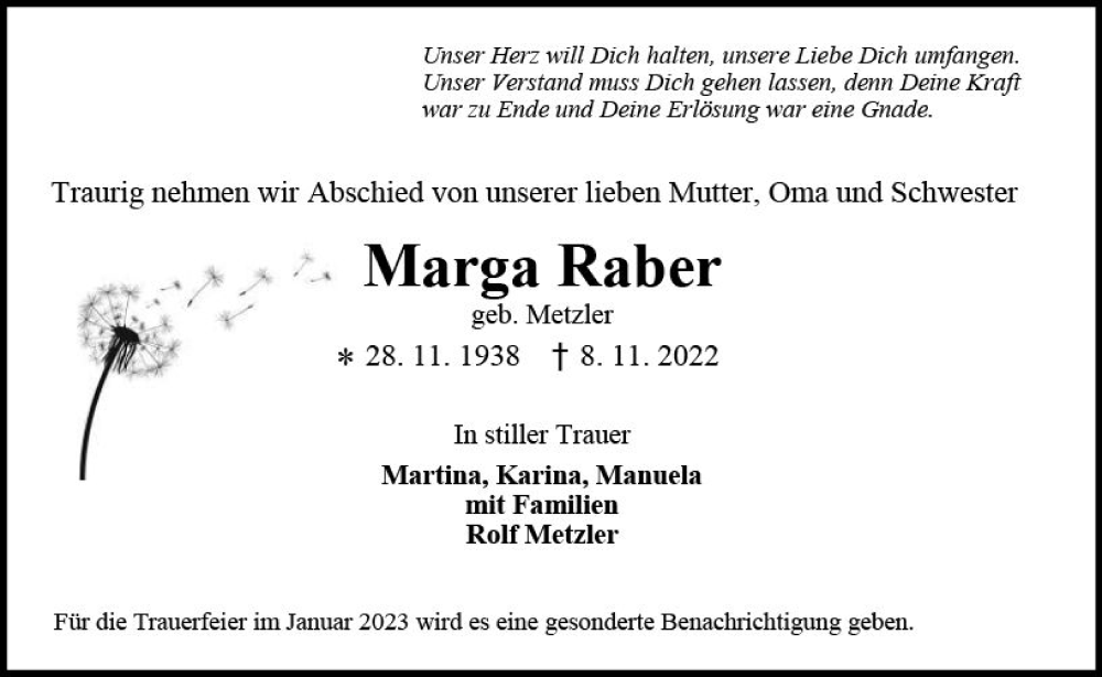  Traueranzeige für Marga Raber vom 12.11.2022 aus vrm-trauer AZ Mainz