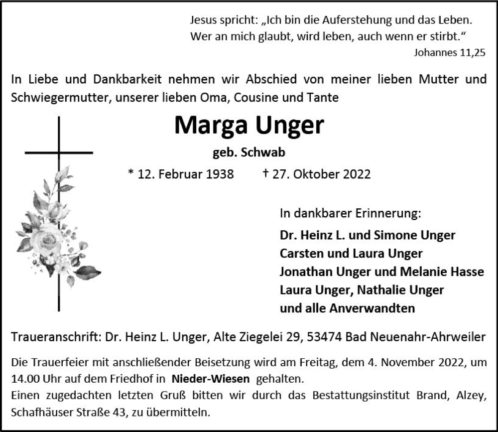  Traueranzeige für Marga Unger vom 02.11.2022 aus vrm-trauer Allgemeine Zeitung Alzey