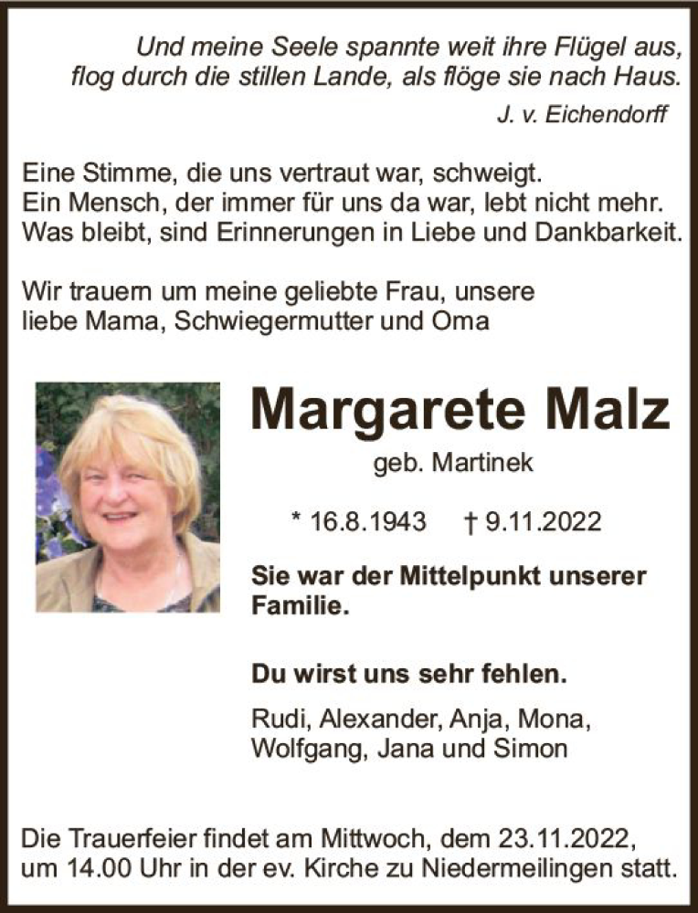  Traueranzeige für Margarete Malz vom 19.11.2022 aus vrm-trauer Wiesbadener Kurier