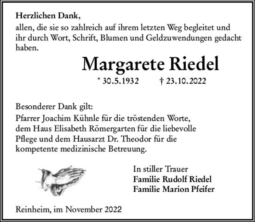  Traueranzeige für Margarete Riedel vom 19.11.2022 aus vrm-trauer Darmstädter Echo