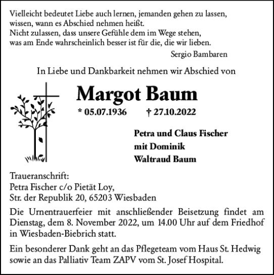 Traueranzeige von Margot Baum von vrm-trauer Wiesbadener Kurier