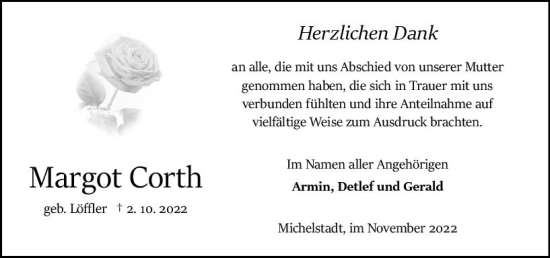Traueranzeige von Margot Corth von vrm-trauer Odenwälder Echo
