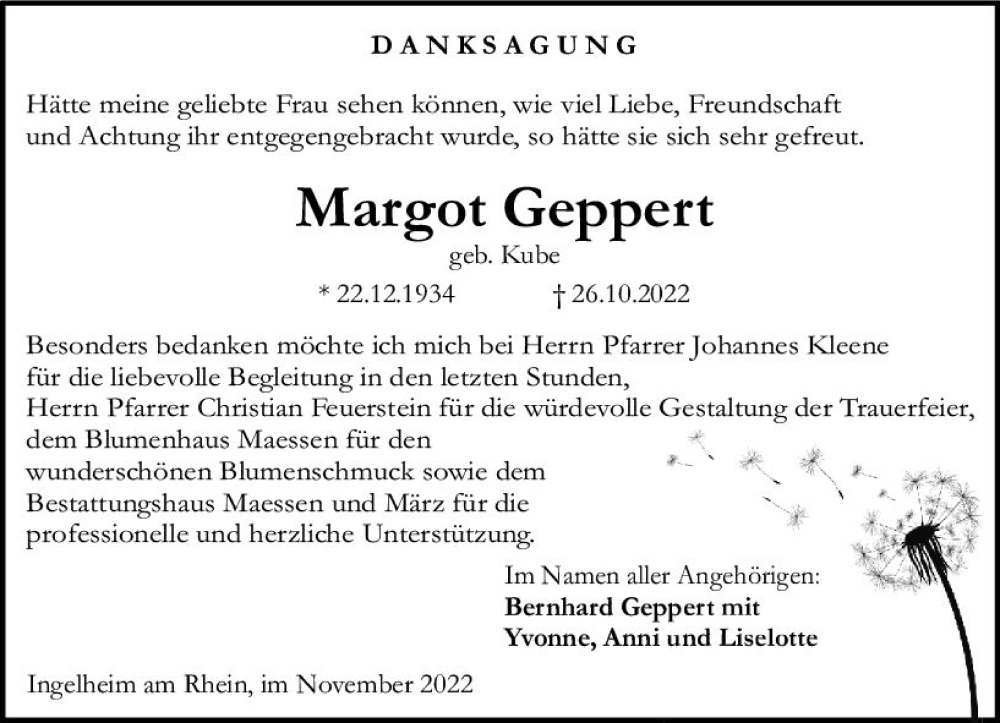  Traueranzeige für Margot Geppert vom 26.11.2022 aus vrm-trauer Allgemeine  Zeitung Ingelheim-Bingen