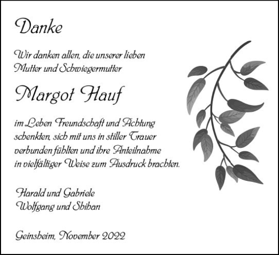 Traueranzeige von Margot Hauf von vrm-trauer Groß-Gerauer Echo