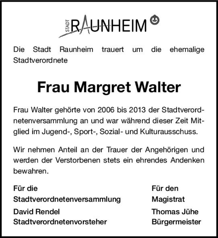  Traueranzeige für Margret Walter vom 05.11.2022 aus vrm-trauer Rüsselsheimer Echo / MainSpitze