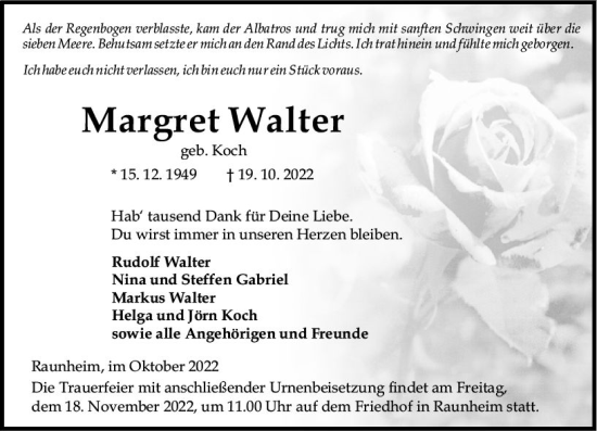 Traueranzeige von Margret Walter von vrm-trauer Rüsselsheimer Echo / MainSpitze
