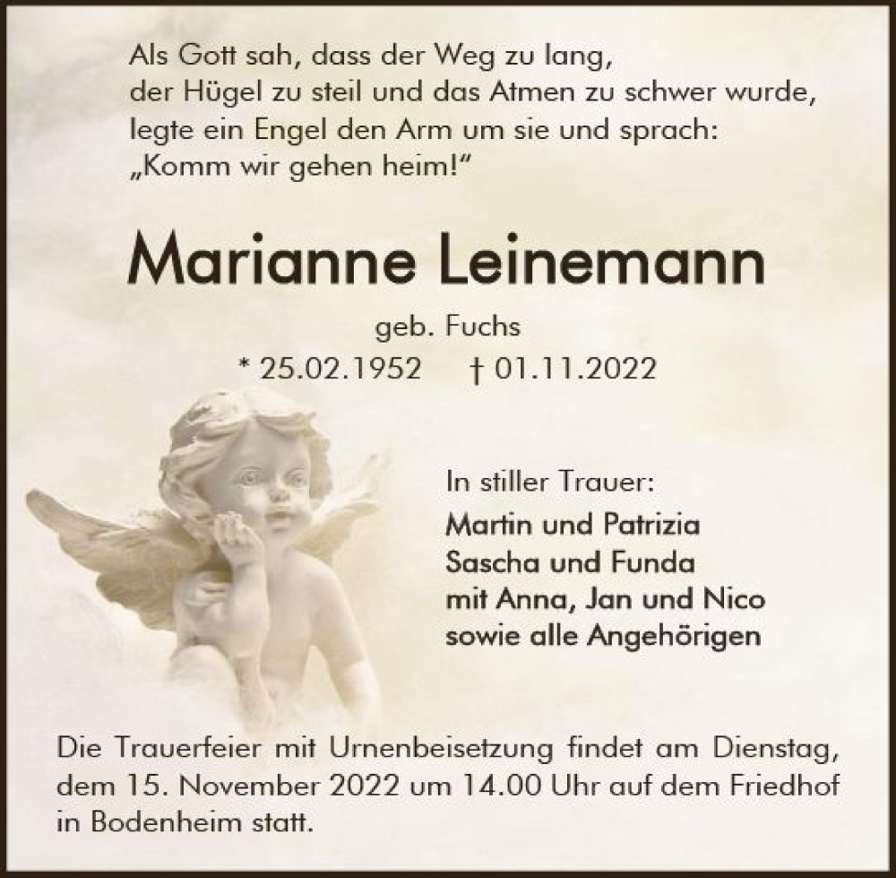  Traueranzeige für Marianne Leinemann vom 09.11.2022 aus vrm-trauer AZ Mainz
