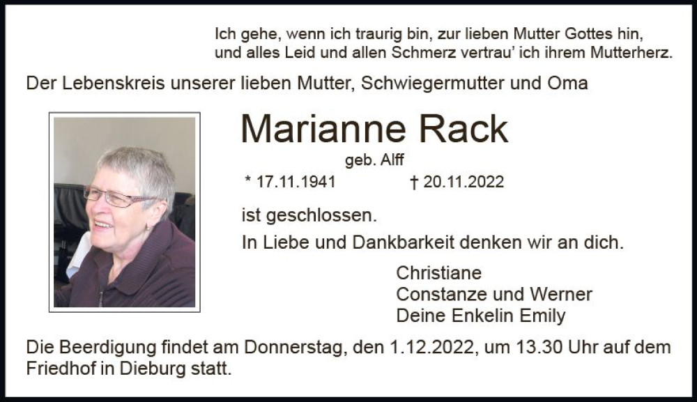  Traueranzeige für Marianne Rack vom 26.11.2022 aus vrm-trauer DieburgerAnzeiger/Groß-Zimmerner Lokala