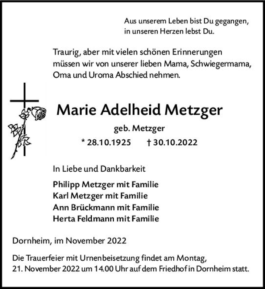  Traueranzeige für Marie Adelheid Metzger vom 19.11.2022 aus vrm-trauer Groß-Gerauer Echo