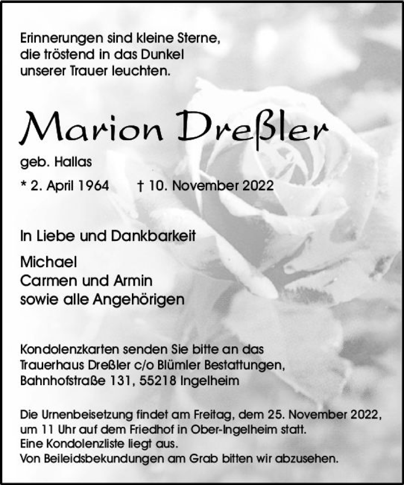  Traueranzeige für Marion Dreßler vom 19.11.2022 aus vrm-trauer Allgemeine  Zeitung Ingelheim-Bingen
