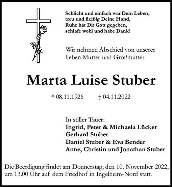 Traueranzeige von Marta Luise Stuber von vrm-trauer Allgemeine  Zeitung Ingelheim-Bingen