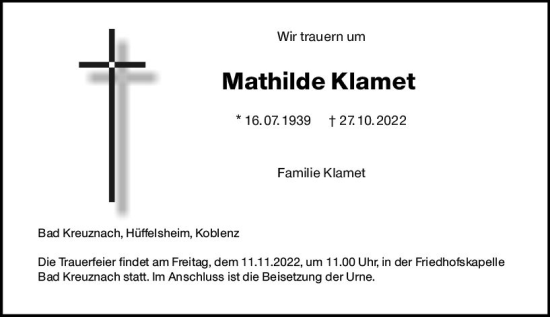 Traueranzeige von Mathilde Klamet von vrm-trauer Allg. Zeitung Bad Kreuznach