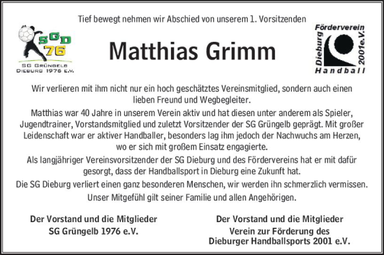 Traueranzeige von Matthias Grimm von vrm-trauer DieburgerAnzeiger/Groß-Zimmerner Lokala