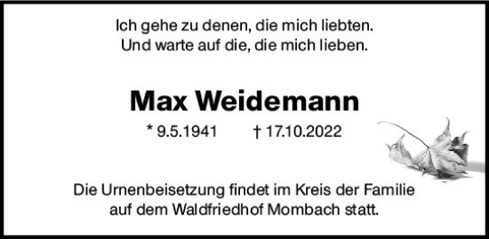 Traueranzeige von Max Weidemann von vrm-trauer AZ Mainz