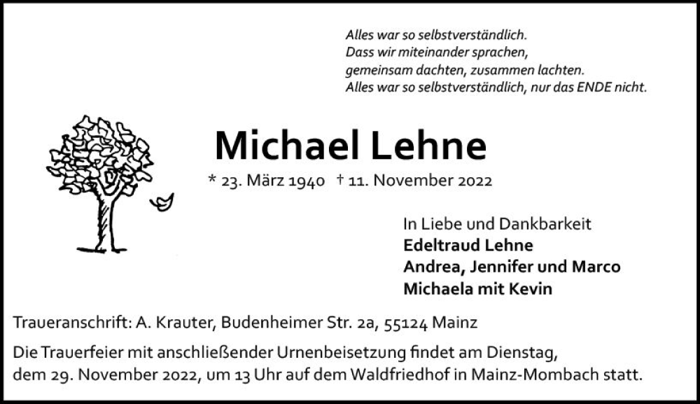  Traueranzeige für Michael Lehne vom 19.11.2022 aus vrm-trauer AZ Mainz