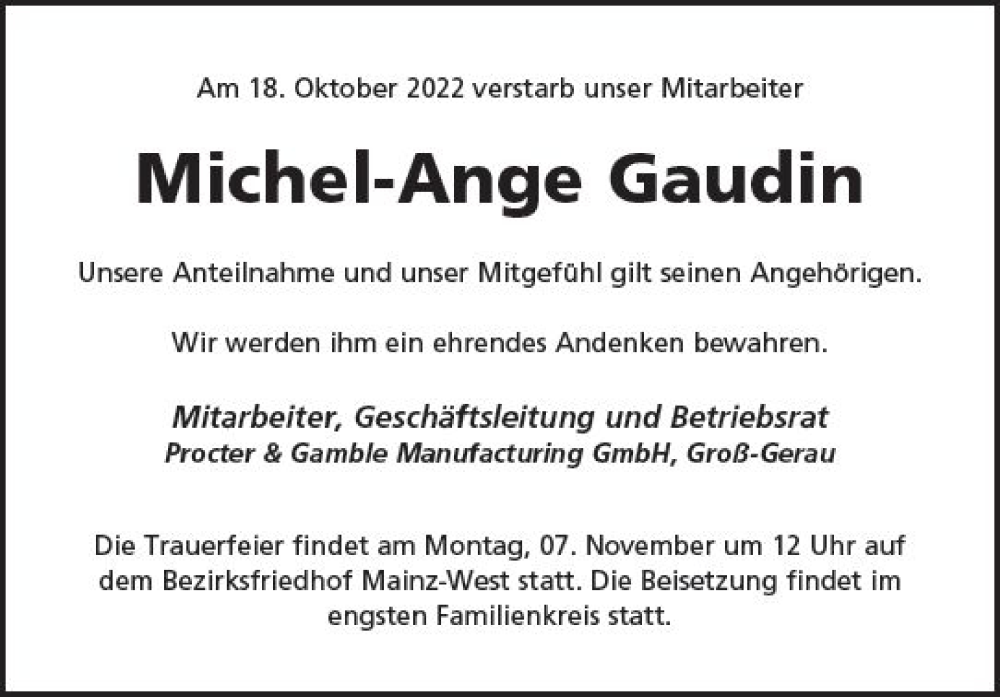  Traueranzeige für Michel-Ange Gaudin vom 05.11.2022 aus vrm-trauer AZ Mainz