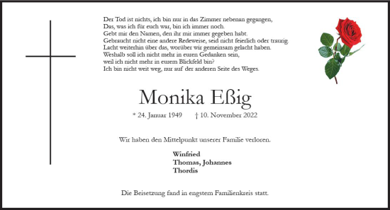 Traueranzeige von Monika Eßig von vrm-trauer Wiesbadener Kurier