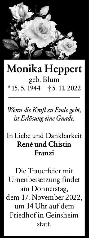  Traueranzeige für Monika Heppert vom 12.11.2022 aus vrm-trauer Groß-Gerauer Echo